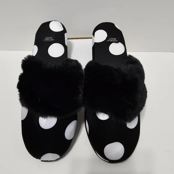 Victoria's Secret Black And White Polka Dot Slippers Sz S - Picture 3 of 6